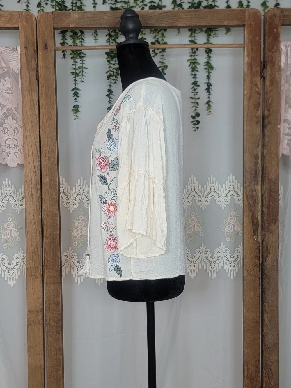 Blue Rain Ivory Embroidered Boho Peasant Blouse | Crochet Lace Tassel Tie Top